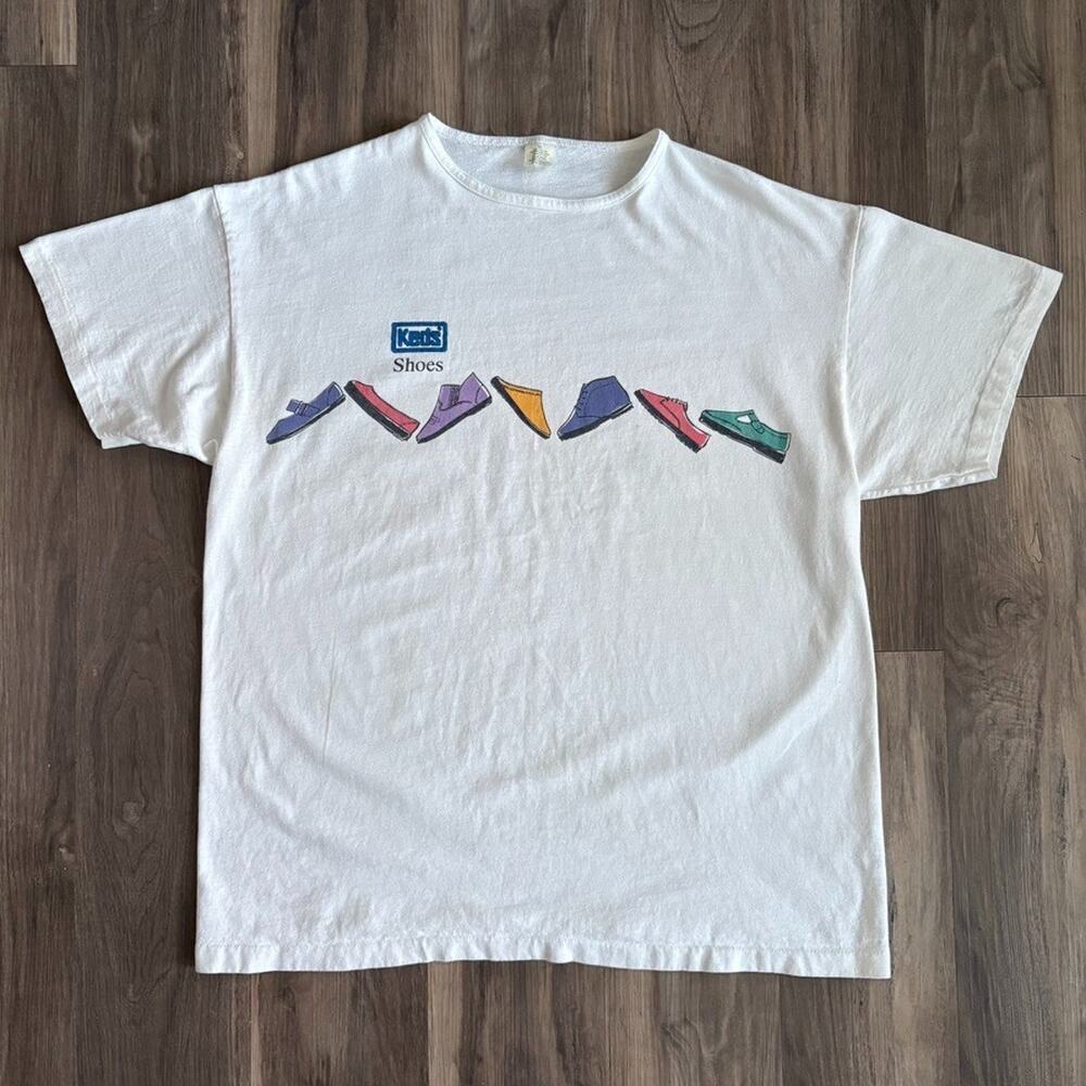 Vintage Keds Shoes T-Shirt Men's Size XL 1980s Boat Neck Thin Wrap Around